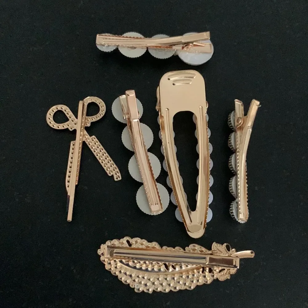 Set of 6 Pearl and Rhinestone Hair Clips Starfish Scissors Feather